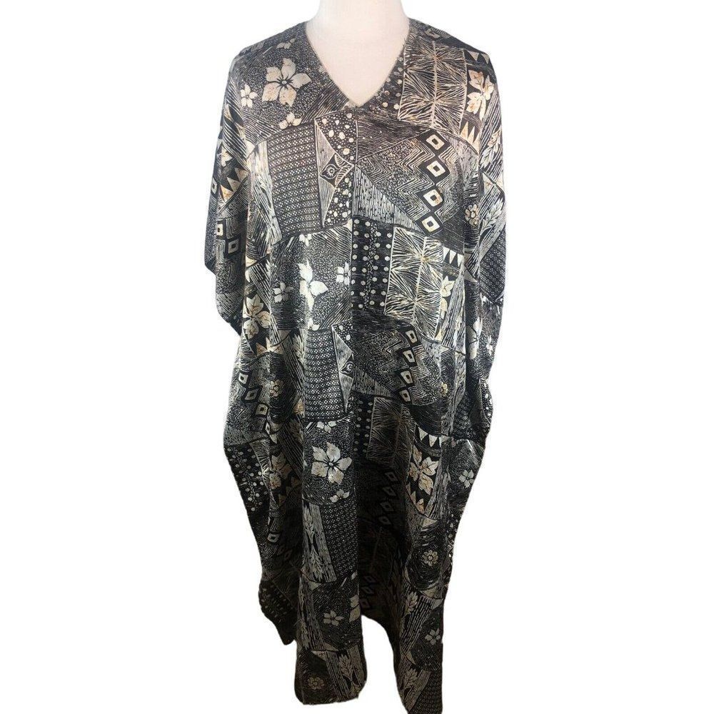 Sante Classics Brown Floral Satin Kaftan OS Beaded Hawaiian Lounge Beach House